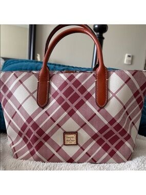 Dooney & Bourke Burgundy Plaid Tote with Brown Leather Handles